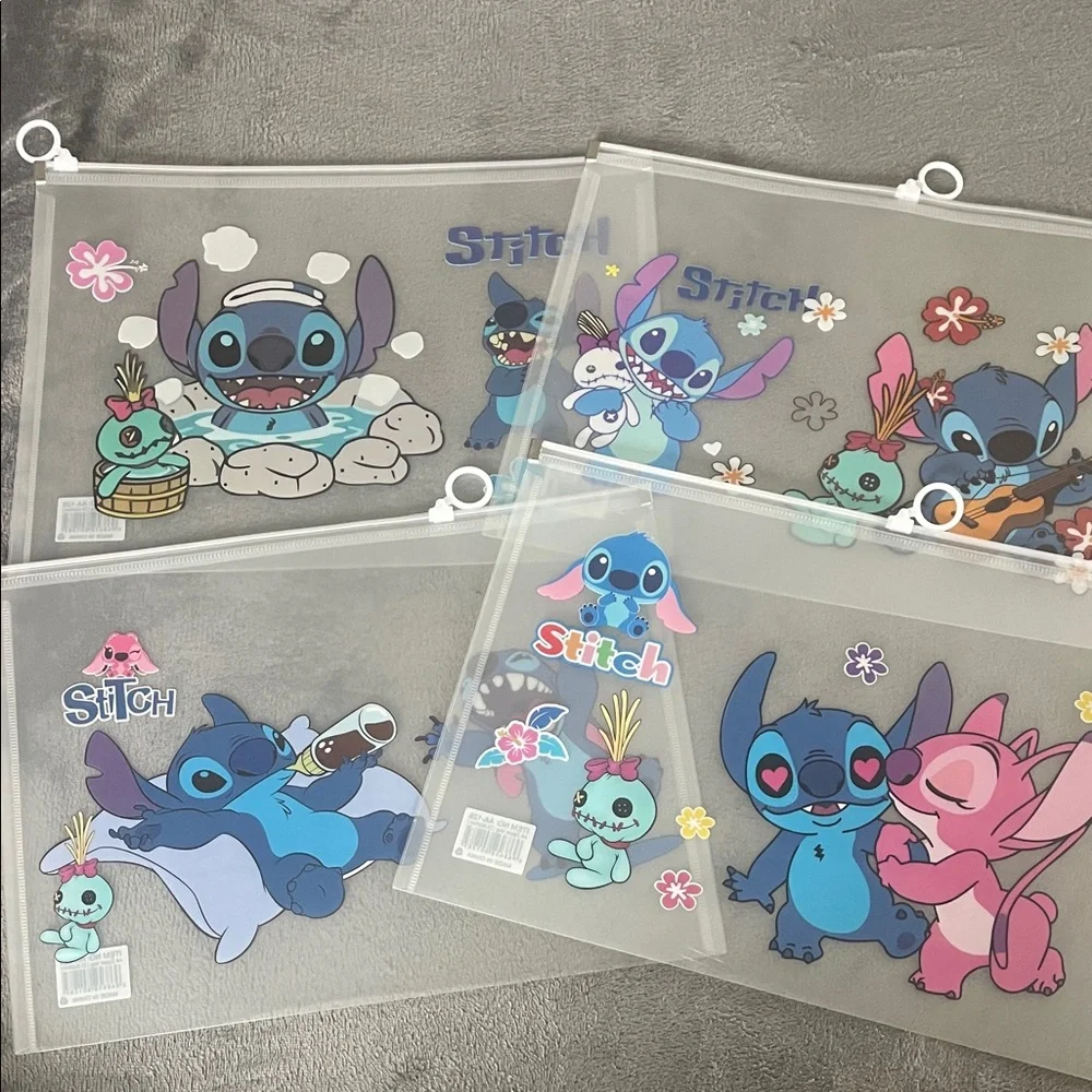 Stitch Themed large Transparent Pouches folders new set of 4 plastic vinyl